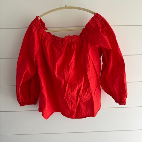 J. Crew Bright Cherry Red Cotton Fabric Off-the-Shoulder Blouse, Size Medium - Picture 3 of 7